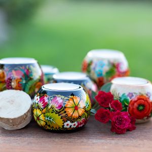 Подсвечник деревянный круглый "Цветочный", Петриковская роспись.