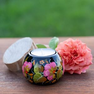 Подсвечник деревянный круглый "Мальвы", Петриковская роспись. 