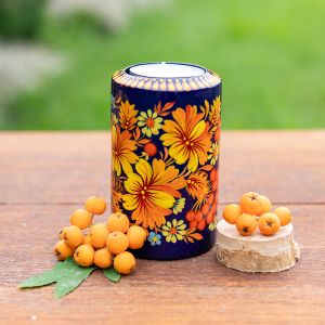 Подсвечник деревянный "Цилиндр". Петриковская роспись (06)