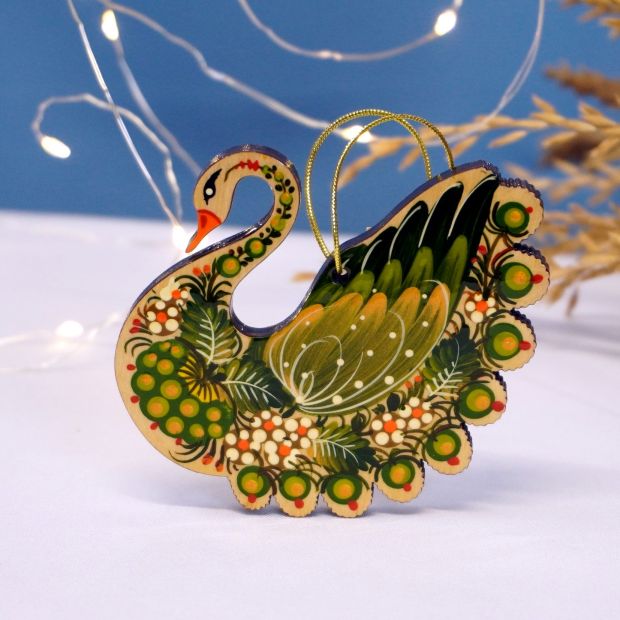 Украинский декор-сувенир Лебедь с Петриковской росписью (01)