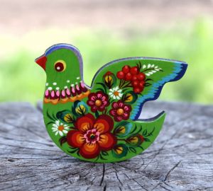 Магнитик на холодильник с Петриковской росписью "Птичка" зеленая