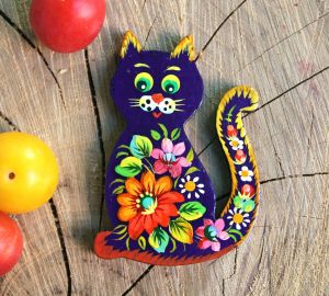 Магнитик на холодильник с Петриковской росписью "Котик" (03)