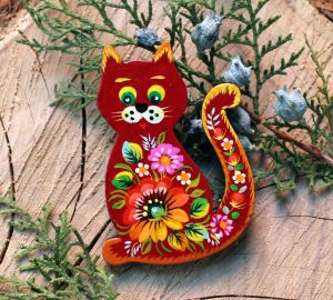 Магнитик на холодильник с Петриковской росписью "Котик" (04)