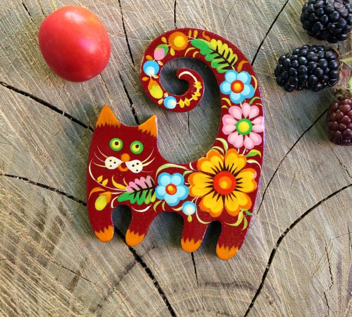 Магнитик на холодильник с Петриковской росписью "Котище" (03)