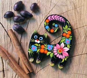 Магнитик на холодильник с Петриковской росписью "Котище" (05)