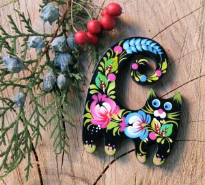 Магнитик на холодильник с Петриковской росписью "Котище" (06)