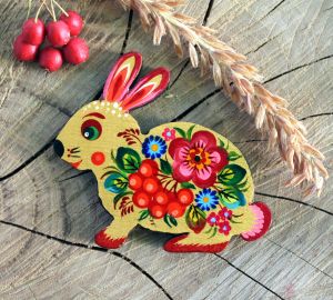 Магнитик на холодильник с Петриковской росписью "Зайка" (04)