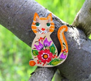 Магнитик на холодильник с Петриковской росписью "Котик", оранжевый хвостик