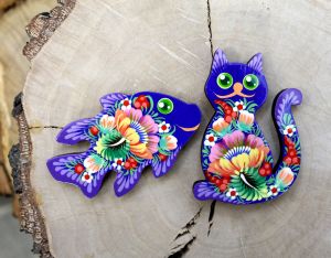 Магниты на холодильник с Петриковской росписью "Рыбка и кот"