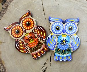 Магнитик на холодильник с Петриковской росписью "Сова" голубая