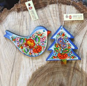 Подарочный набор декора с Петриковской росписью "Снегирь и елочка в голубом" 