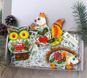 Подарочный набор декора с Петриковской росписью "Еж, сова и белочка"