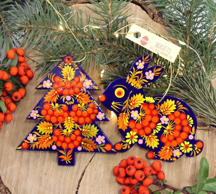 Набор елочных игрушек с Петриковской росписью "Елочка и зайчик"