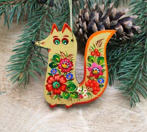 Елочная игрушка  с петриковской росписью "Лиса", цветы на золоте