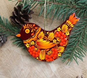 Елочная игрушка  с Петриковской росписью "Снегирь", калинка на бордо