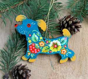 Елочная игрушка с Петриковской росписью "Собачка", бирюза
