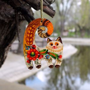 Елочная игрушка с Петриковской росписью "Кот", колосок