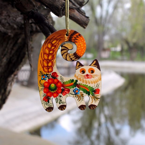 Елочная игрушка с Петриковской росписью "Кот", колосок
