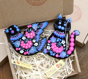 Набор елочных игрушек с Петриковской росписью "Кот и птичка"