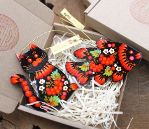 Подарочный набор декора с Петриковской росписью "Кот и рыбка в красном"