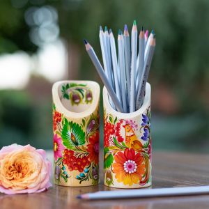 Карандашница, подставка под ручки с Петриковской росписью, цветочная