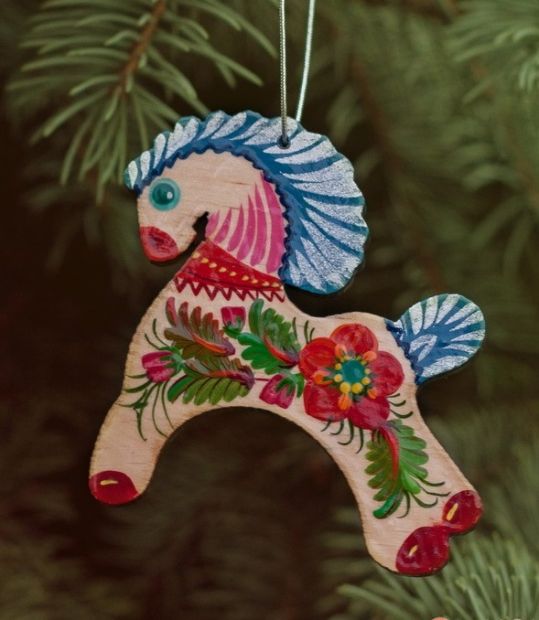 Елочная игрушка с Петриковской росписью "Коник", на светлом дереве