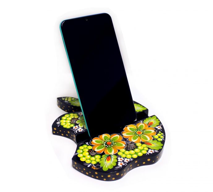 Деревянная подставка для гаджетов с Петриковской росписью "Виноградное яблоко"