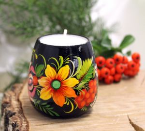 Подсвечник деревянный "Капля", Петриковская роспись (06)