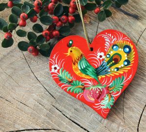 Елочная игрушка с Петриковской росписью "Сердце" жар-птица