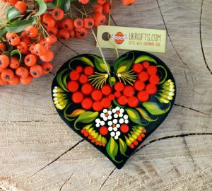 Елочная игрушка с Петриковской росписью "Сердце" красная калина