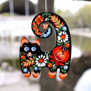 Елочная игрушка с Петриковской росписью котик "Персик"