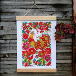 Постер на холсте с Петриковской росписью в деревянной рамке "Пташка", автор Коваленко Н.И.