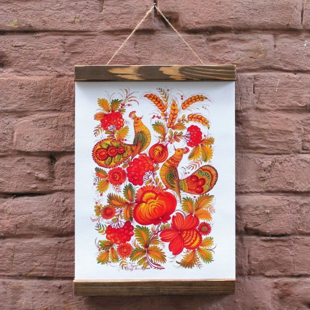 Постер на холсте с Петриковской росписью в деревянной рамке, автор Турчин Н.И.