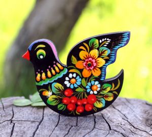 Магнитик на холодильник с Петриковской росписью "Птичка" калина на черном