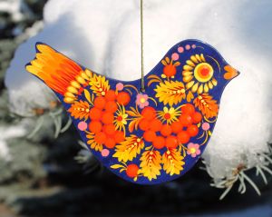 Елочная игрушка  с Петриковской росписью "Снегирь", синий