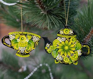  Набор елочных игрушек с Петриковской росписью, "Душевное чаепитие" 