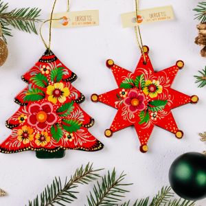 Набор елочных игрушек с Петриковской росписью, "Рождественские елочка и звезда"