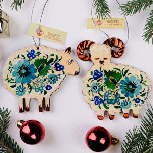 Набор елочных игрушек с Петриковской росписью, "Овечка с Баранчиком" морозные