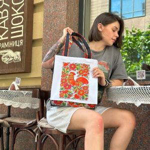 Стильная сумка-шоппер "Петушок" с печатью Петриковской росписью, автор Коваленко Н.И.