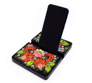 Дерев'яна підставка для гаджетів з Петриківським розписом "Нічна квітка"
