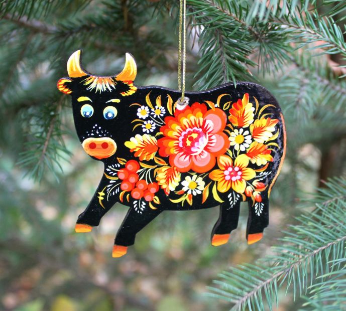 Елочная игрушка с Петриковской росписью "Бычок", ночные цветочки
