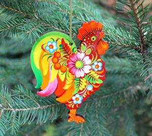 Рождественский-пасхальный декор с Петриковской росписью "Петушок" яркий