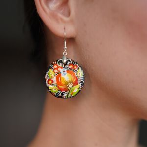 Серьги деревянные - круглые с Петриковской роcписью (03)