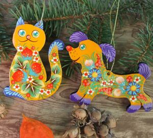 Подарок на Новый год - набор елочных грушек ручной работы "Кот и пес"